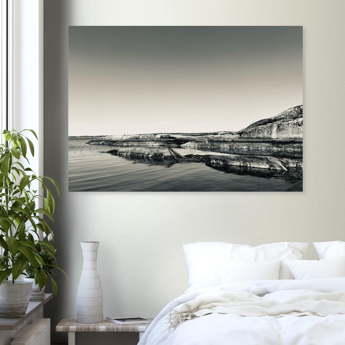 Black And White Minimalist Rocky Shore Still Water Seascape Print