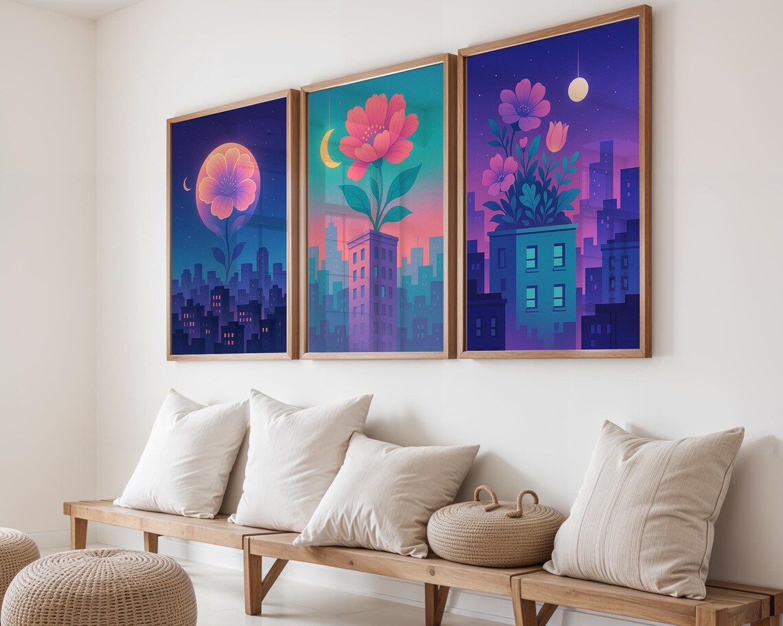 Surreal Neon Botanical Print Set Dreamy Cityscapes