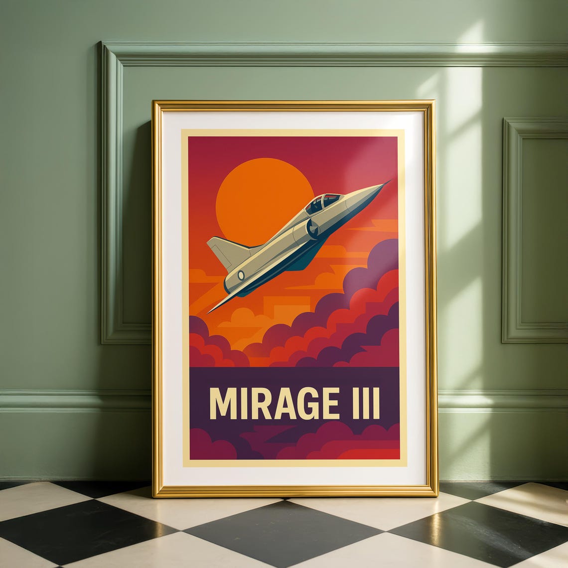 Mirage III Vintage Jet Fighter Sunset Clouds Retro Aviation Poster