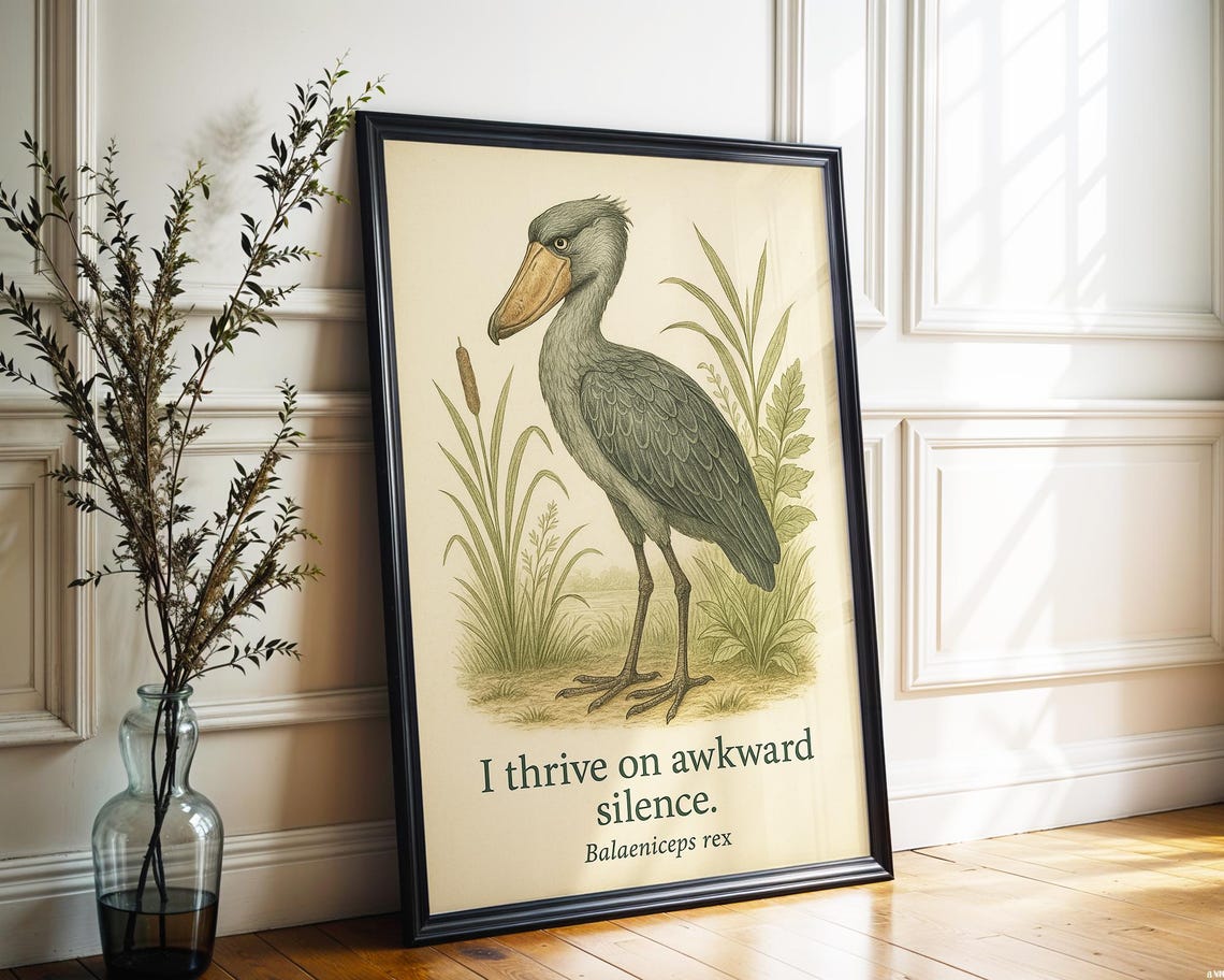 Shoebill Stork I Thrive on Awkward Silence Botanical Funny Poster