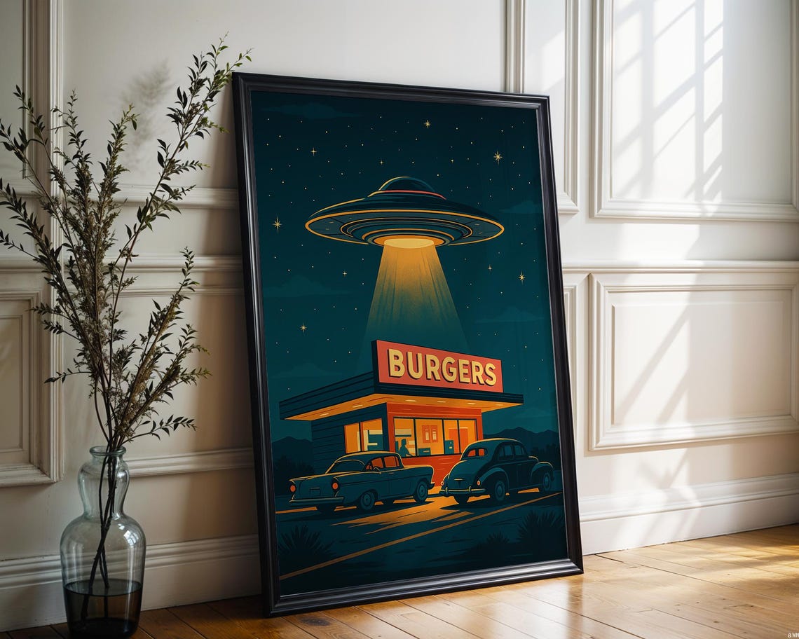 UFO Drive In Diner Burgers Retro Sci Fi Night Classic Cars Art Poster