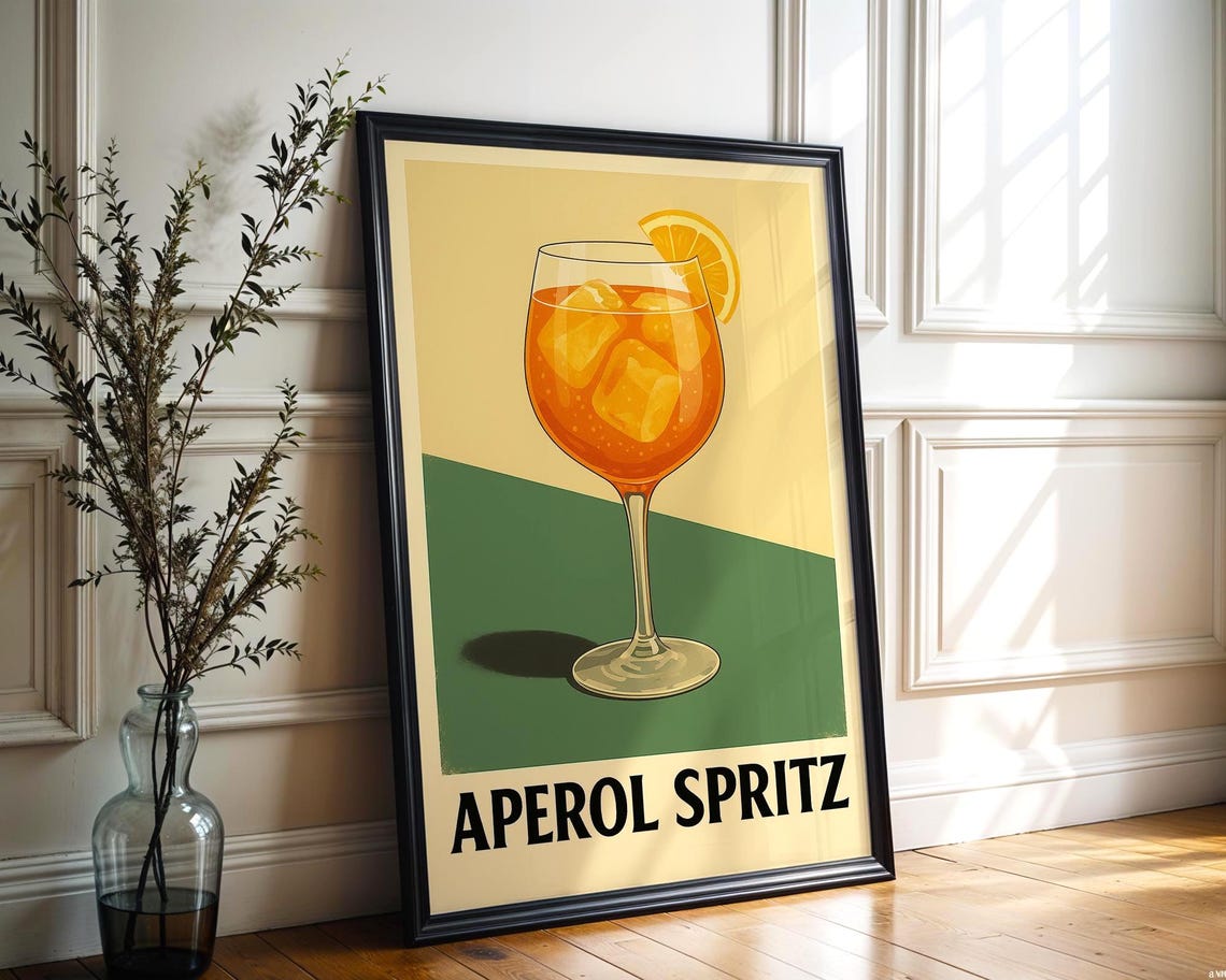 Vintage Aperol Spritz Cocktail Green and Yellow Retro Bar Poster