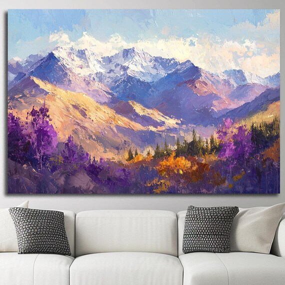 Snowy Mountain Peaks Golden Hills Purple Wildflowers Morning Light Poster