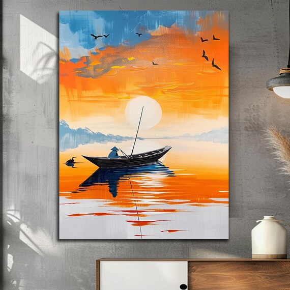 Fisherman Boat Sunset Orange Sea Asian Seascape Painting Poster
