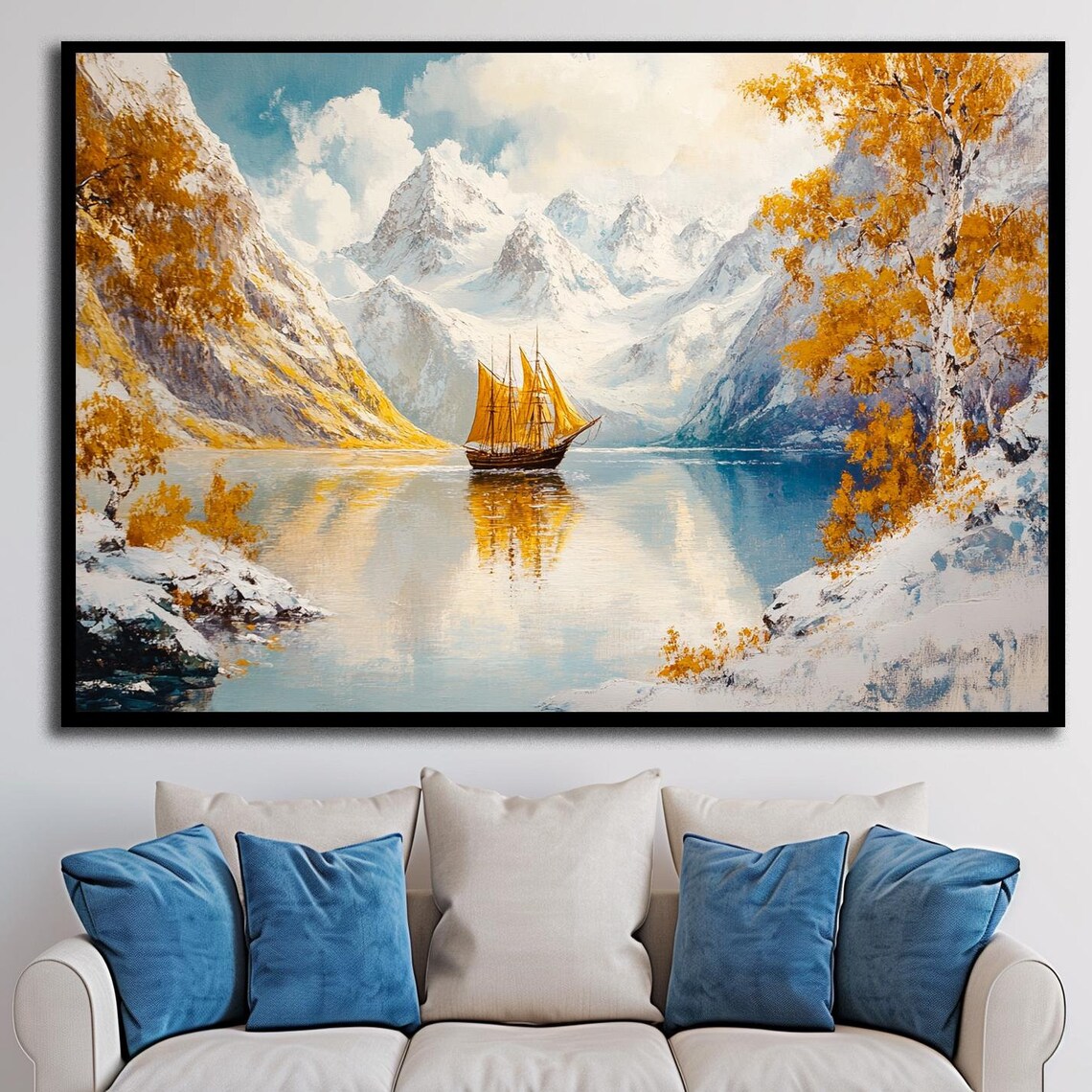 Golden Sailing Ship Snowy Fjord Golden Autumn Landscape Poster