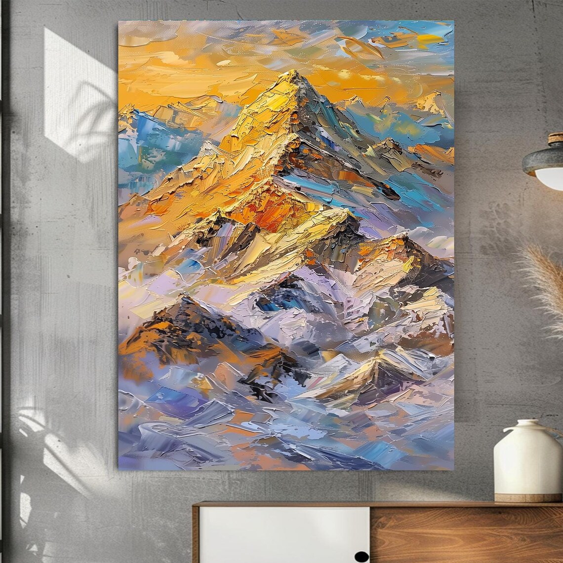 Golden Mountain Peak Impasto Oil Painting Sunset Abstract Art Print - Image 3