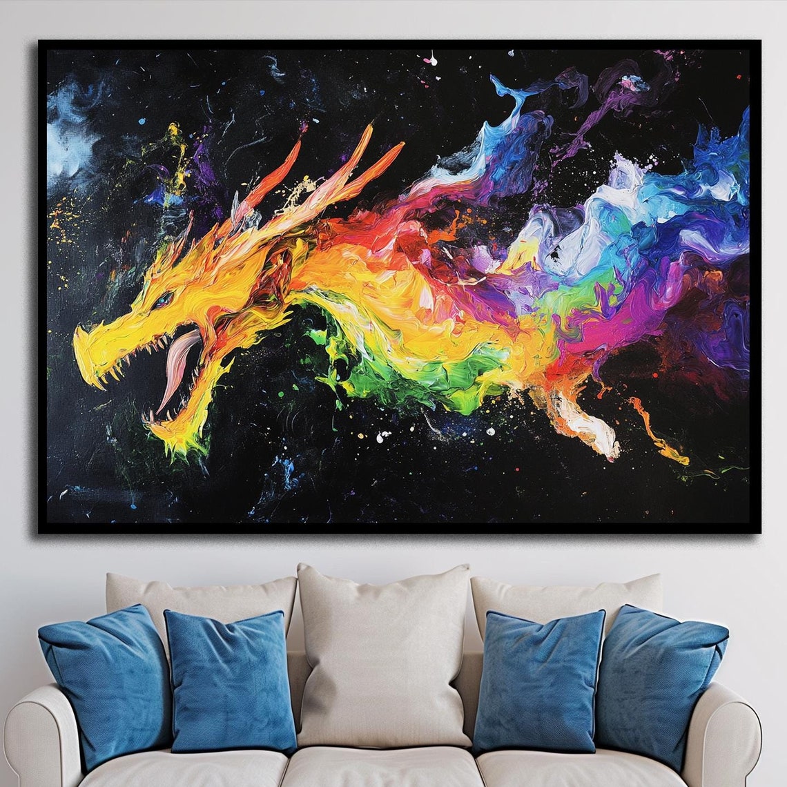 Horizontal Rainbow Dragon Flying Paint Swirls Black Canvas Art Poster