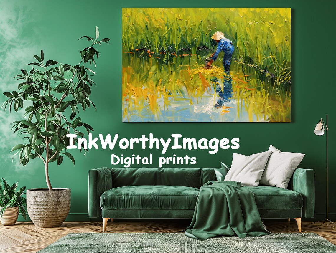 Impressionist Rice Field Landscape Painting - Image 3