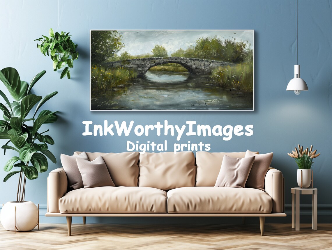 Rustic Stone Bridge Over Serene River, Watercolor Landscape - Image 5