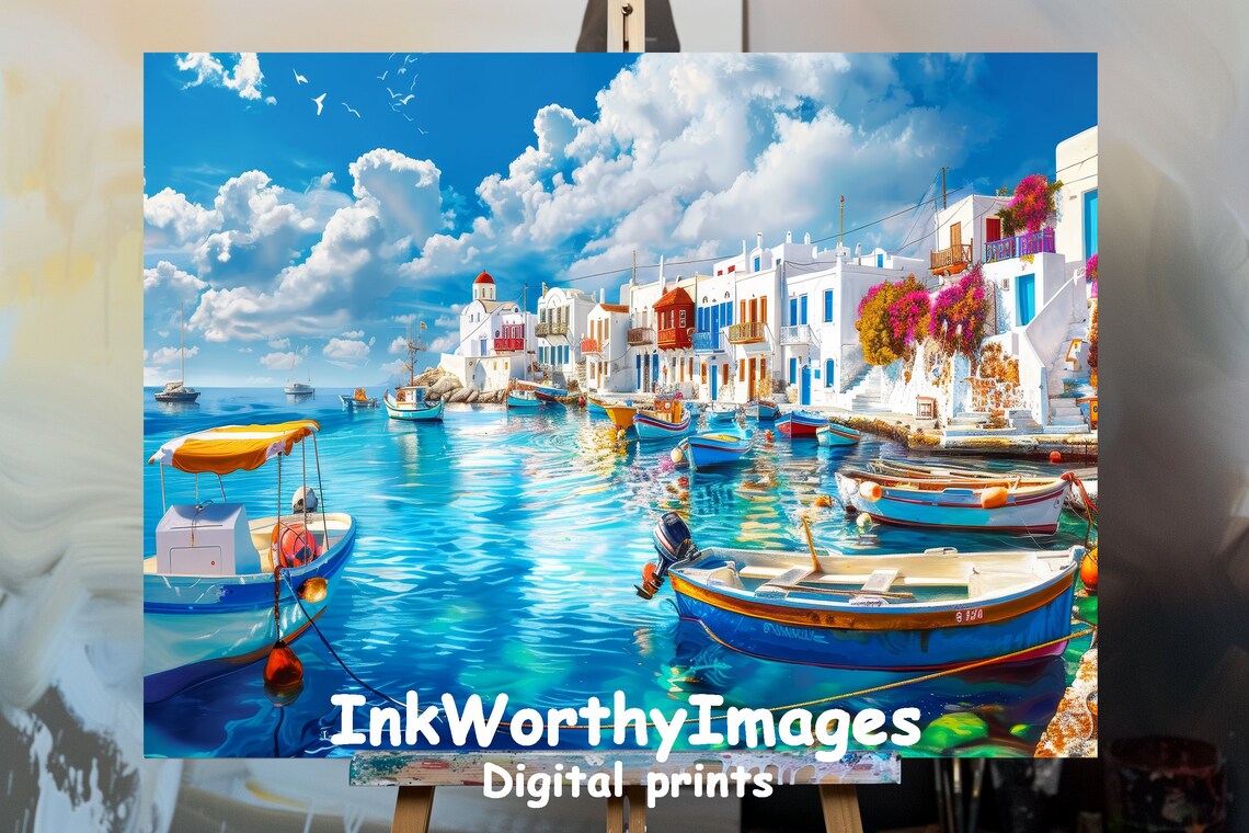 Greek Island Harbor, Mediterranean Seaside Scene