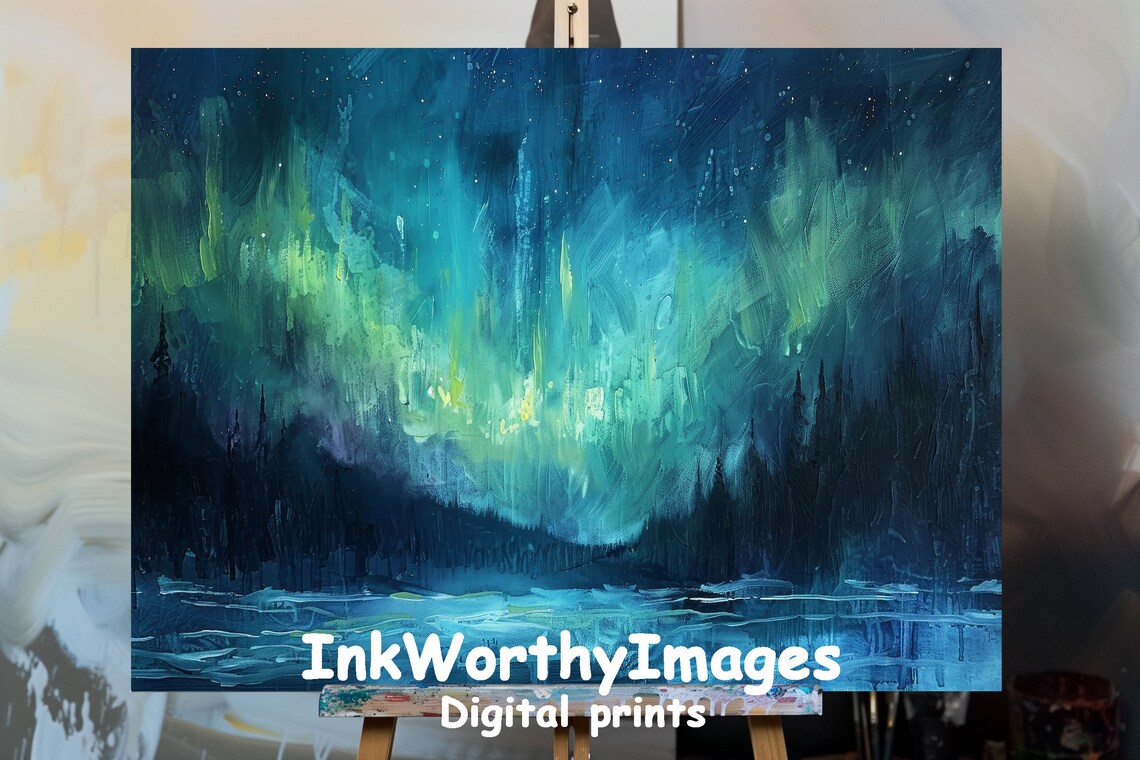 Northern Lights Aurora Borealis Painting, Abstract Night Sky