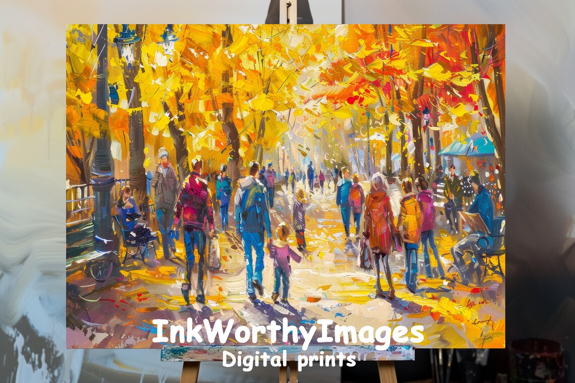 Autumn Park Scene, Colorful Fall Walkway Painting