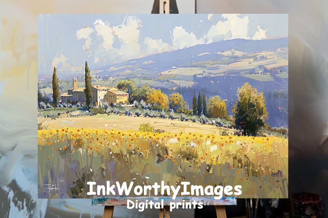 Tuscan Sunflower Fields, Countryside Landscape Painting