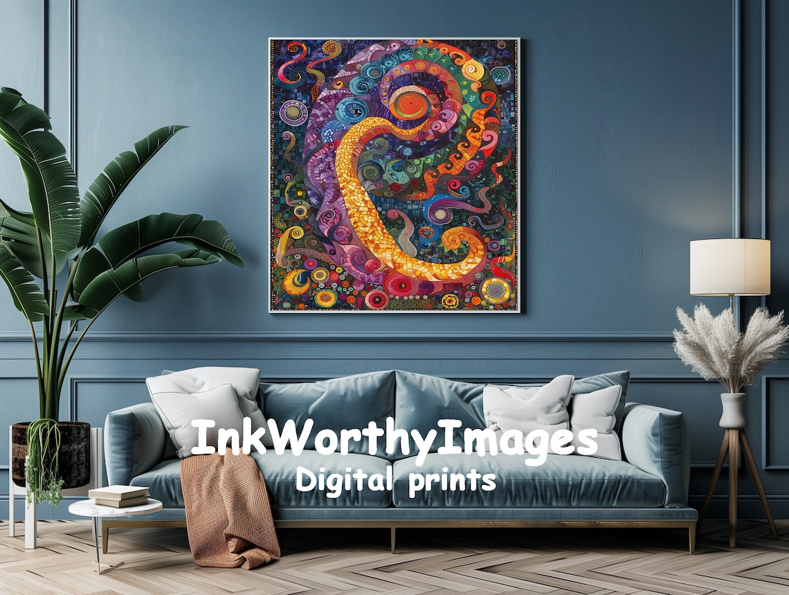 Abstract Mosaic Painting, Psychedelic Spiral Decor - Image 2