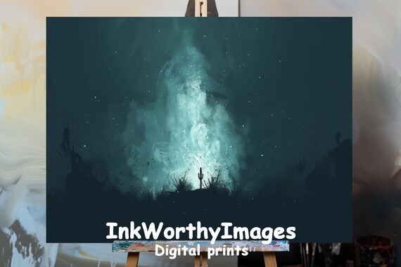 Mystical Desert Night Cosmic Cactus Silhouette Art Print