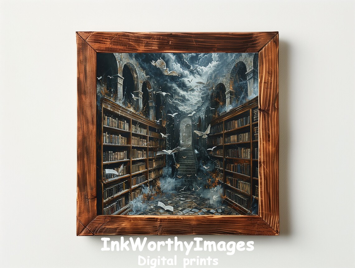 Enchanted Library With Flying Books, Fantasy Art Print - Image 3