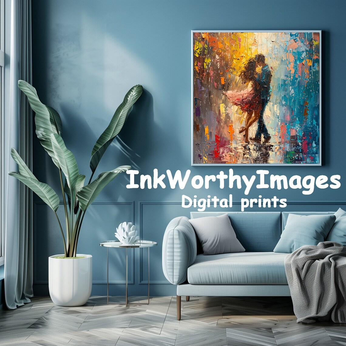 Romantic Couple Dancing In Rain, Abstract Art - Image 3