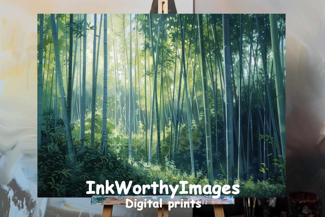 Emerald Bamboo Forest, Serene Impressionist Nature Art Print