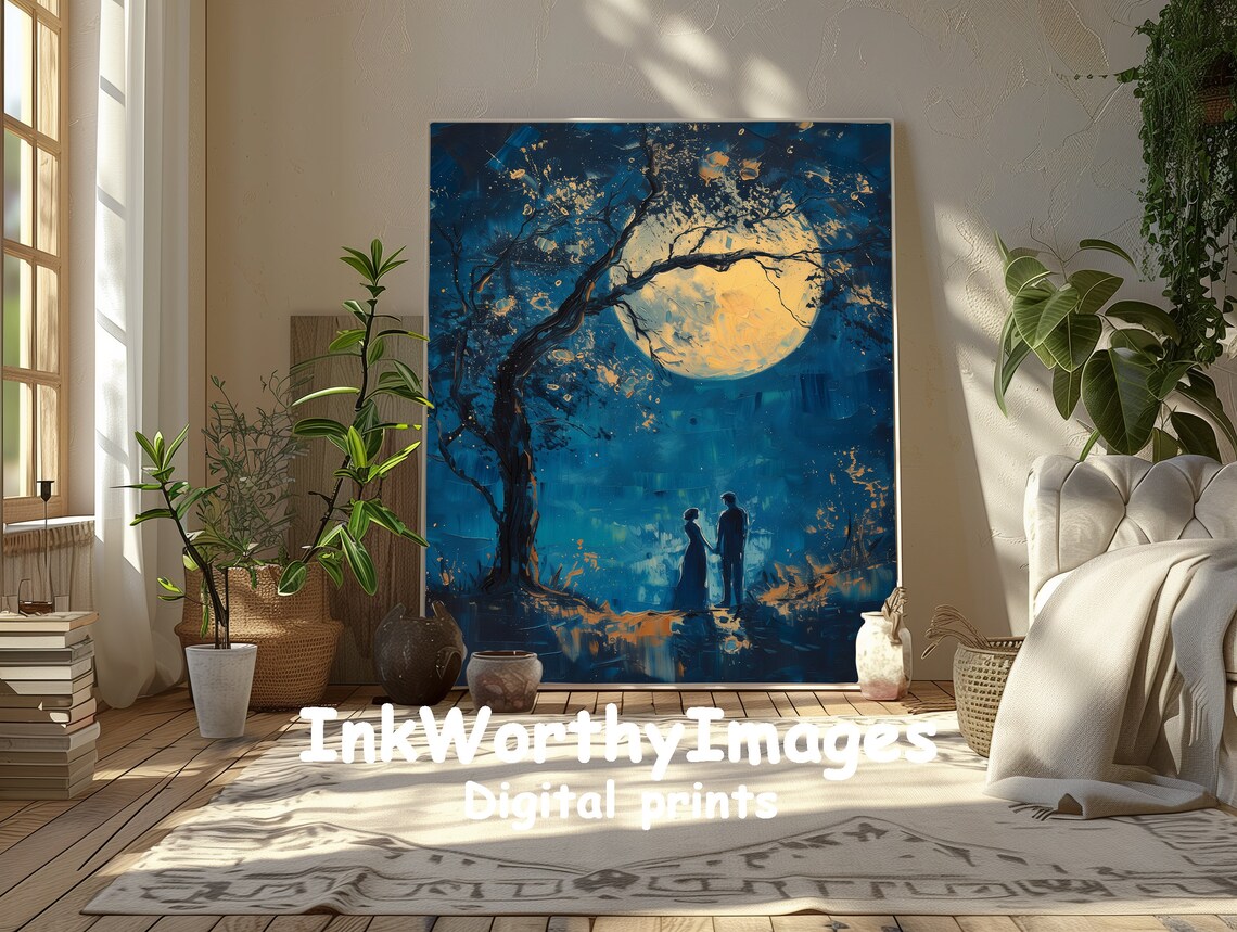 Romantic Moonlit Couple Night Sky Scene Silhouette - Image 2