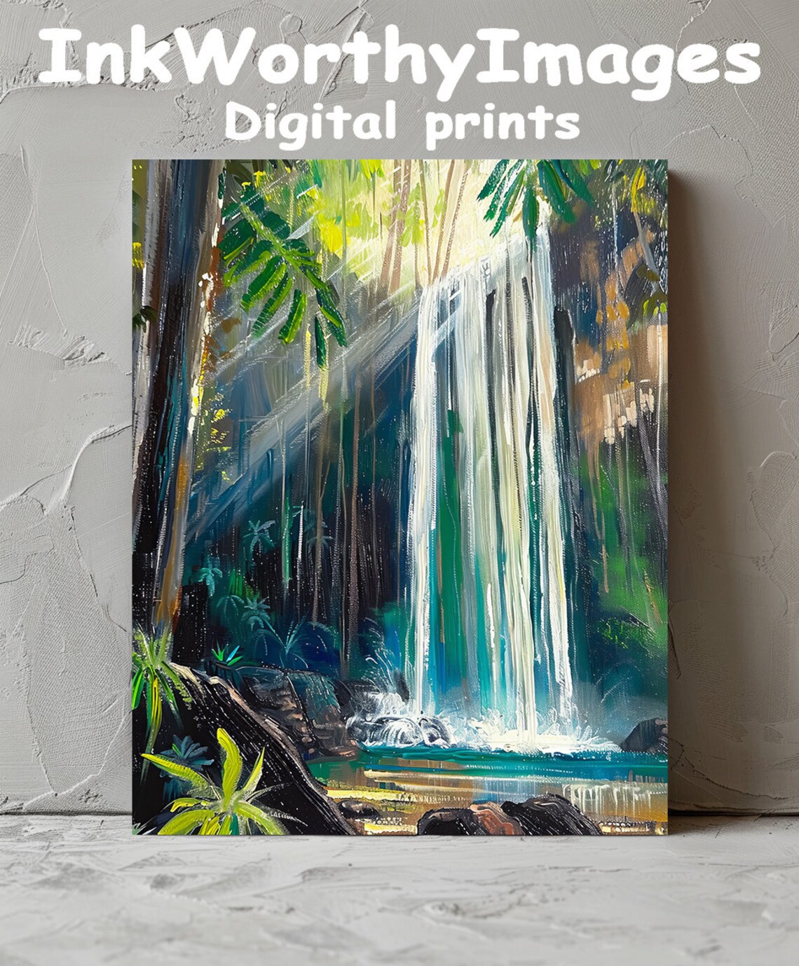 Tropical Waterfall in Sunlight, Lush Jungle Scene