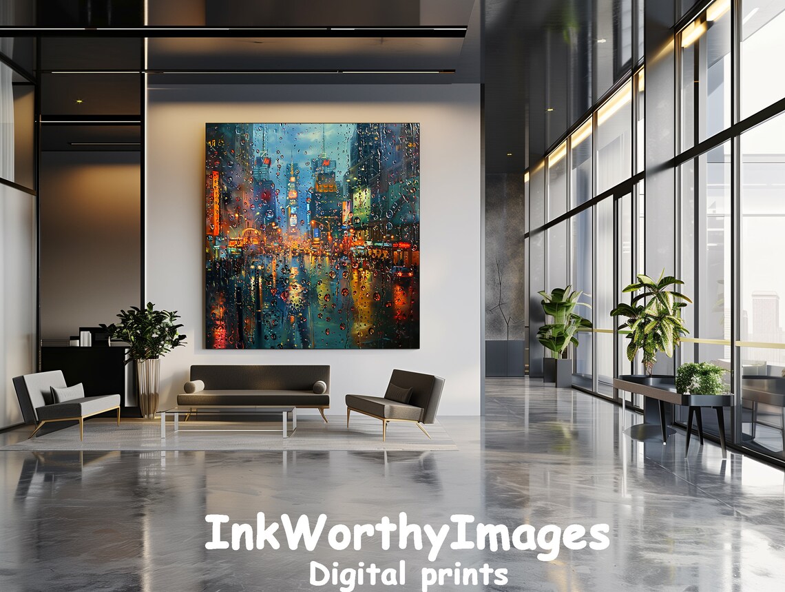 Rainy City Night Lights, Urban Streetscape Wall Art - Image 2