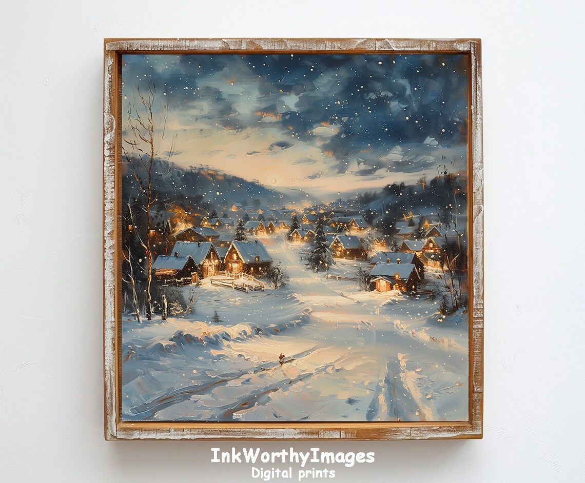Winter Village Scene, Snowy Night Landscape - Image 6