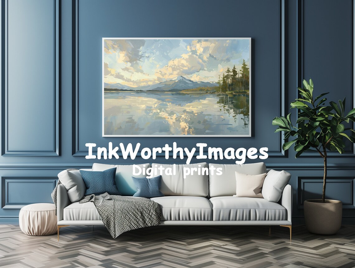 Mountain Lake Reflection, Tranquil Landscape Painting - Image 4