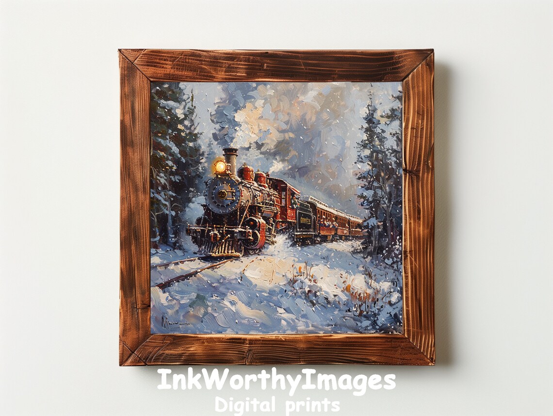 Winter Train Scene, Vintage Steam Locomotive Decor - Image 4