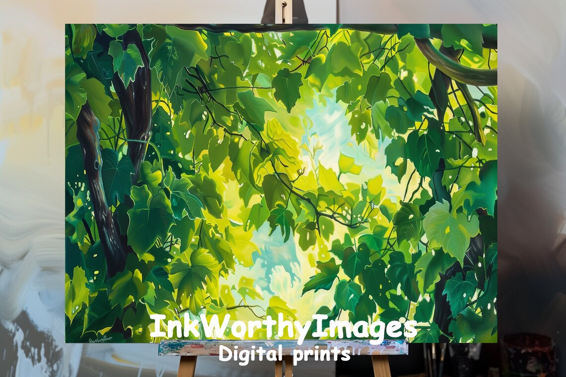 Lush Green Canopy, Sunlit Leaves Forest Decor