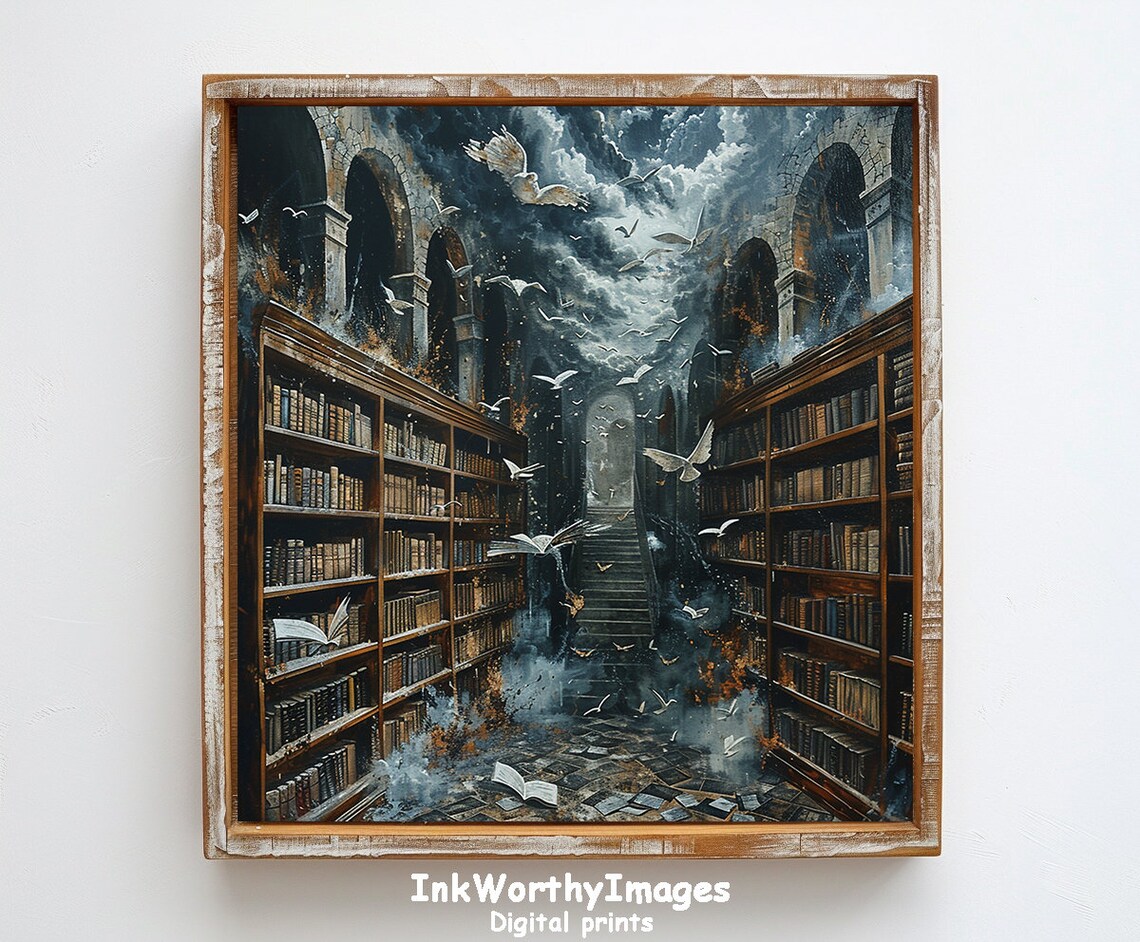 Enchanted Library With Flying Books, Fantasy Art Print - Image 2