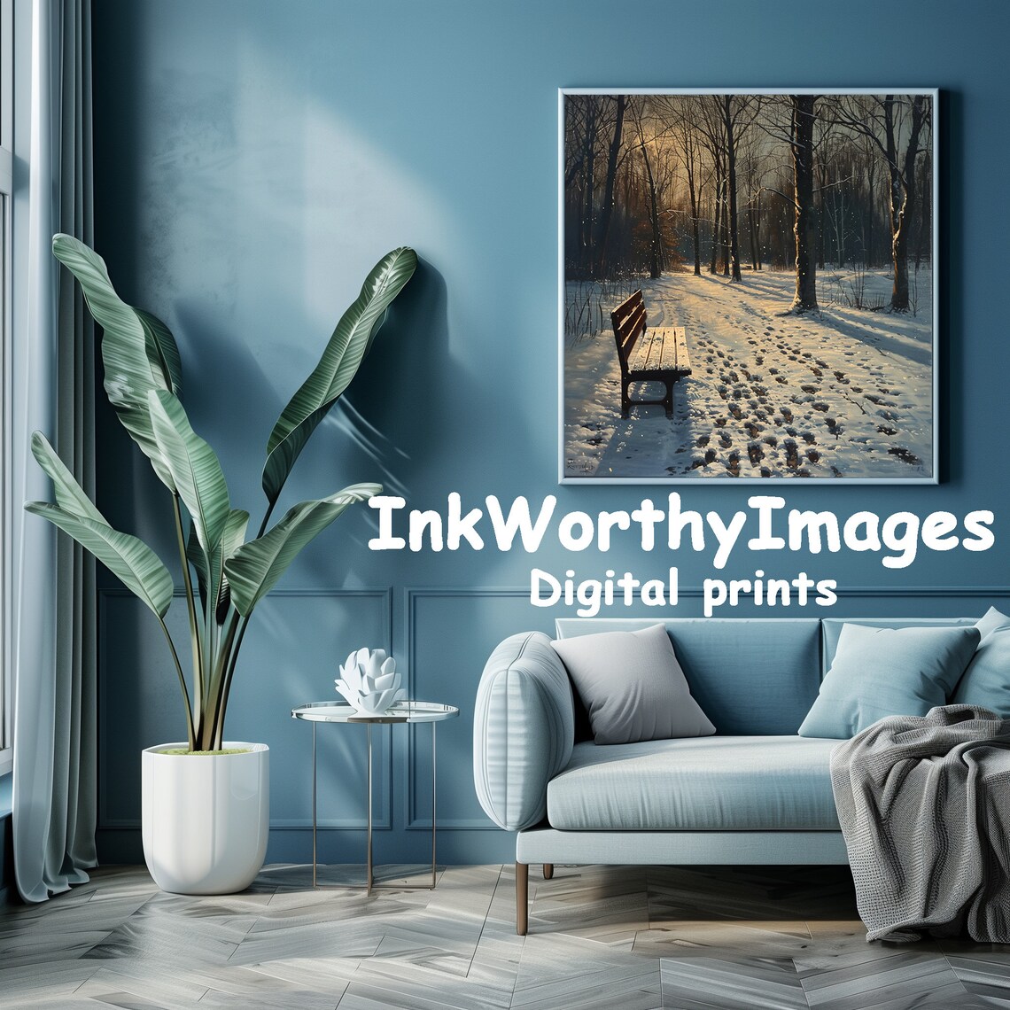 Winter Park Bench, Snowy Forest Path Art Print - Image 3