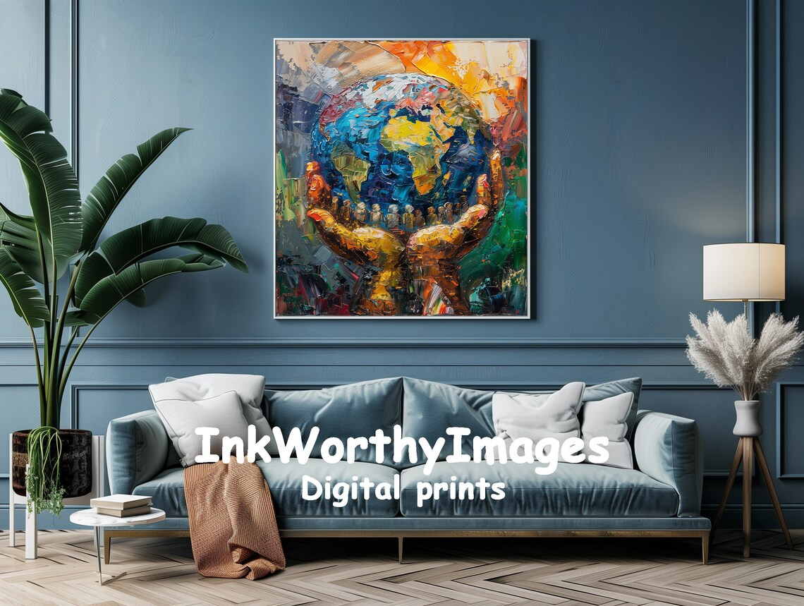 World In Hands, Colorful Earth Unity Decor - Image 3