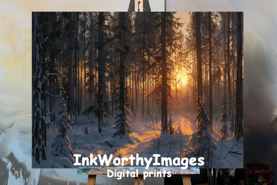 Golden Sunset Winter Forest, Serene Snowy Landscape Art Print