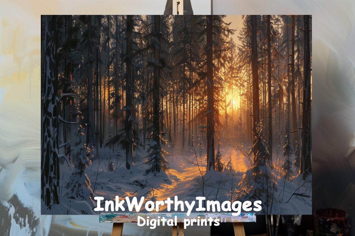 Golden Sunset Winter Forest, Serene Snowy Landscape Art Print