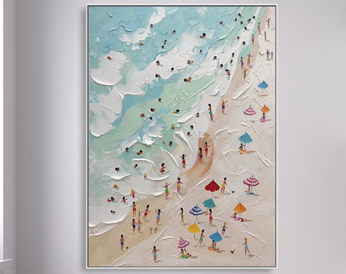 Happy Coast Swimming Painting, Summer Shore Scene Art Print