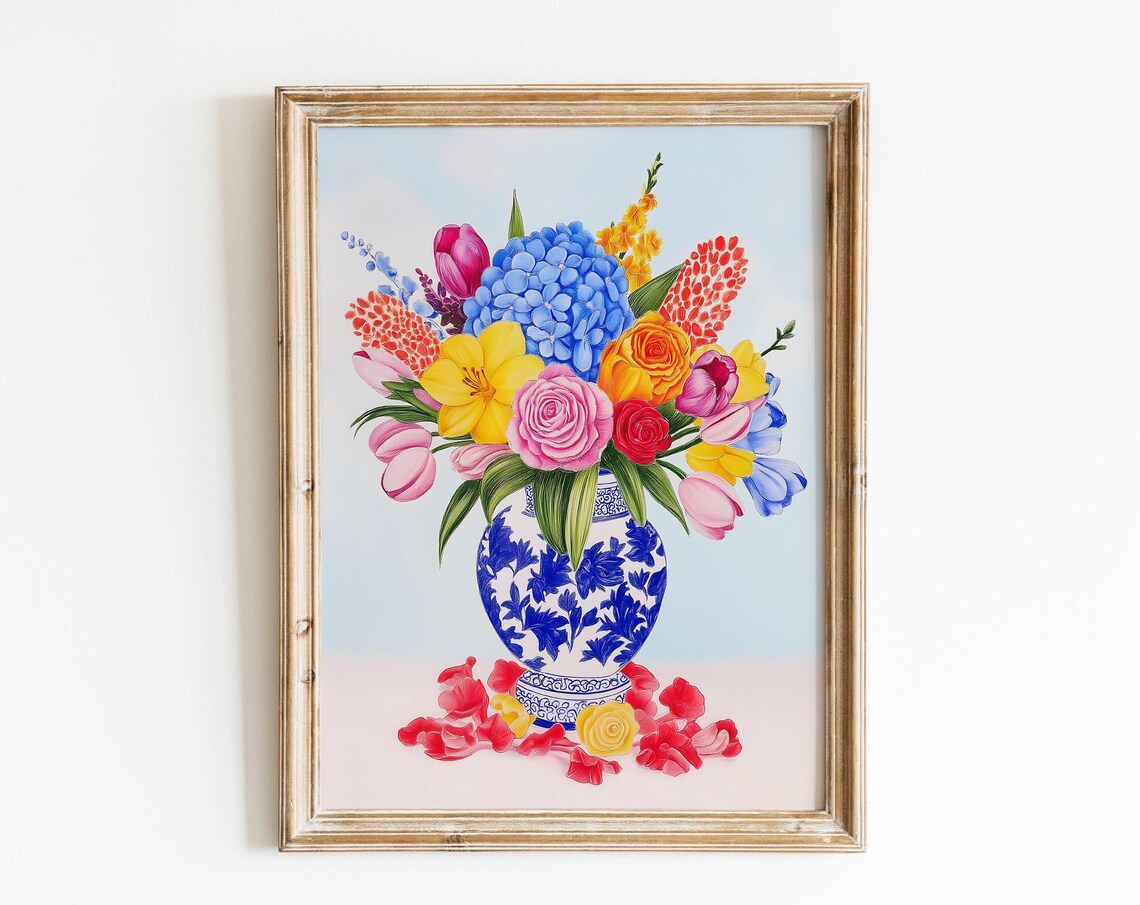 Hydrangea Rose And Tulip Bouquet In Blue And White Vase Art Print