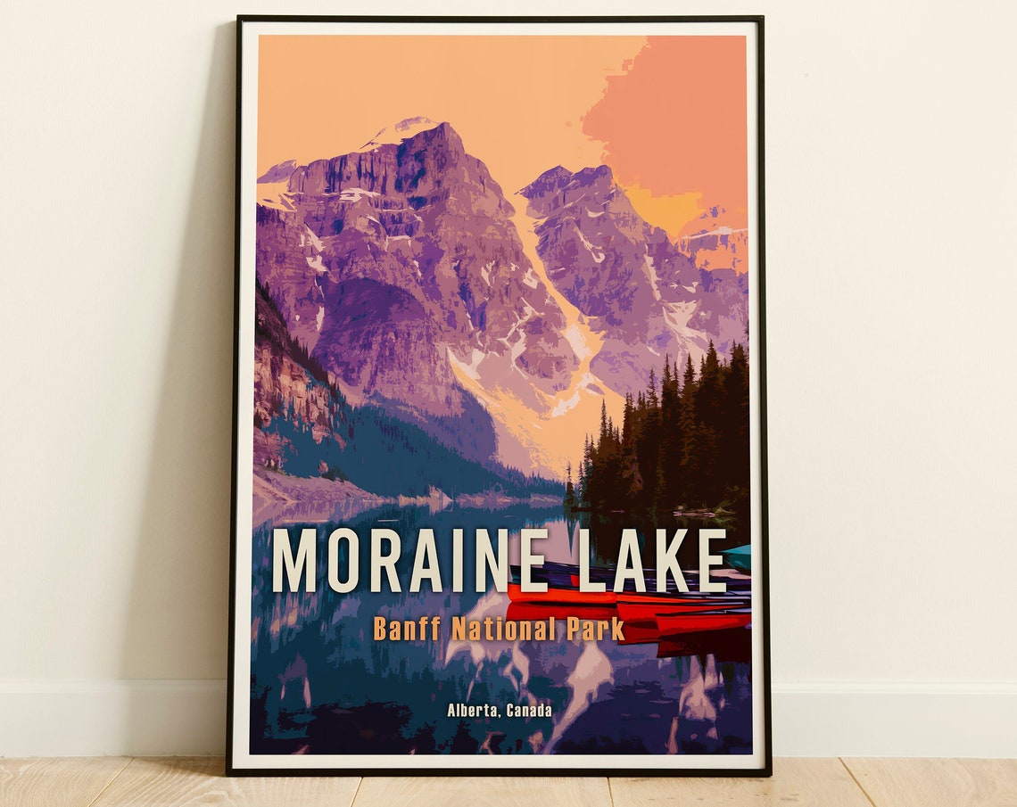 Moraine Lake Retro Travel Poster Alberta Canada Vintage Canadian Rockies Poster Hiking Canada Print Banff National Park Travel Poster