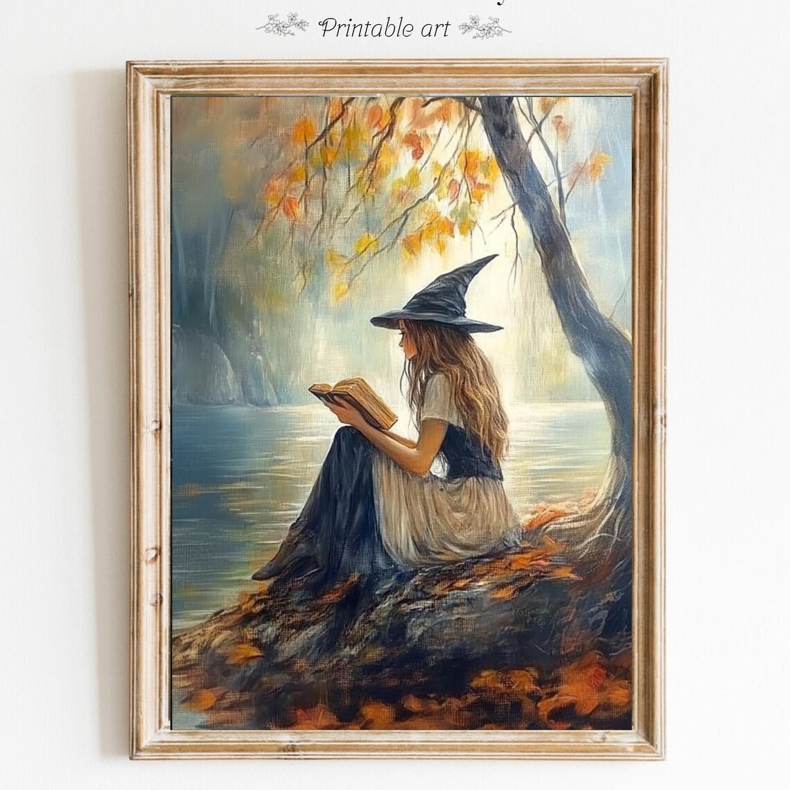 Witch Reading Book By Autumn Lake Vintage Halloween Cottagecore Art Print