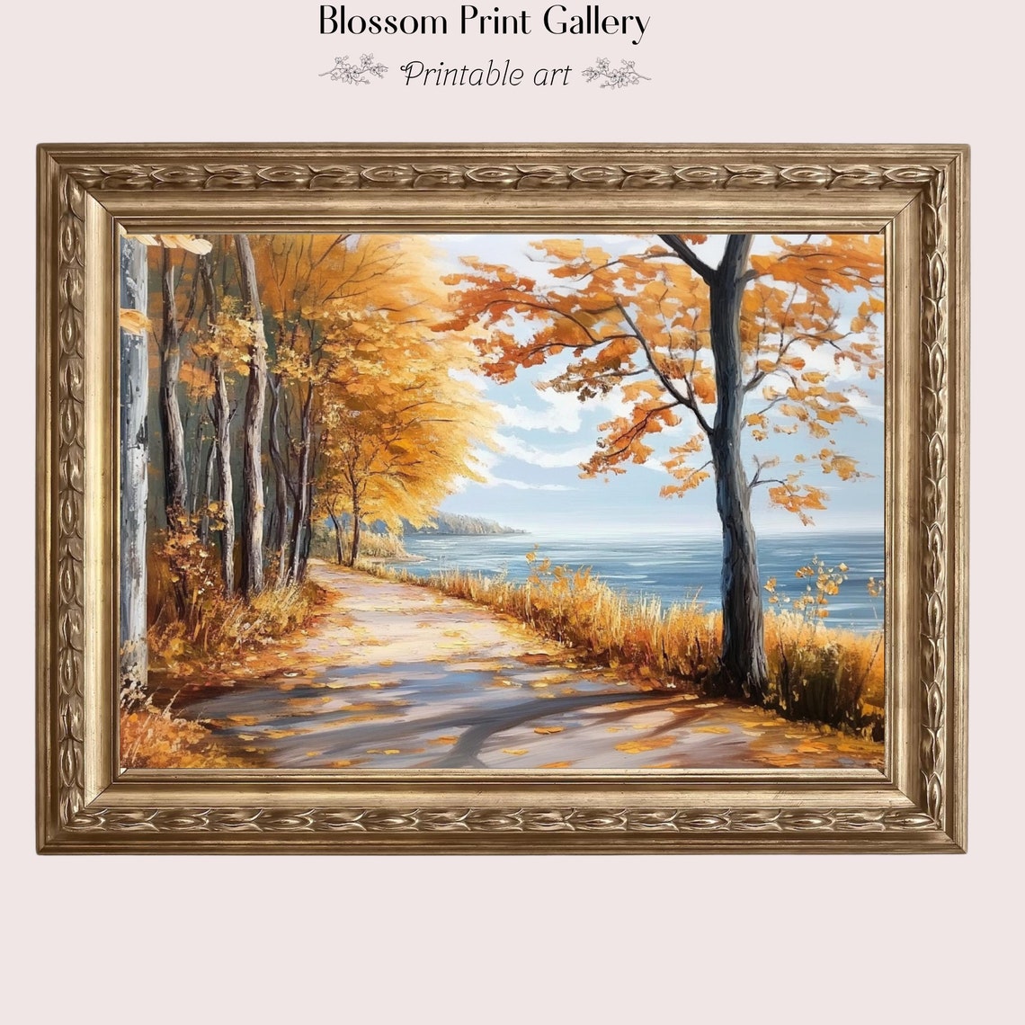 Autumn Path Along Blue Lake Orange Trees Fall Foliage Landscape Poster