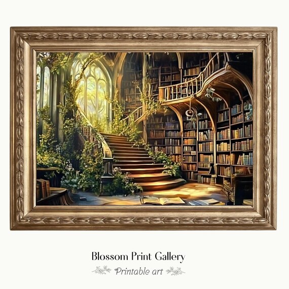 Enchanted Grand Library With Staircase Fantasy Art Painting Poster