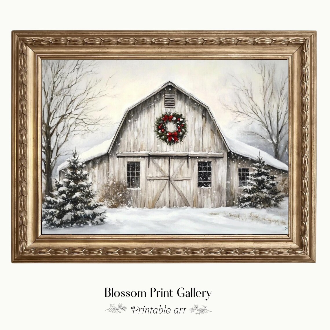 Snowy White Barn Christmas Wreath Winter Farm Painting Poster