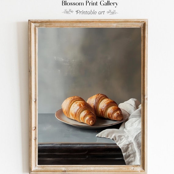 Moody Croissants Painting Vintage Food Still Life Kitchen Home Decor Antique Oil Painting Country Kitchen Wall Art 765