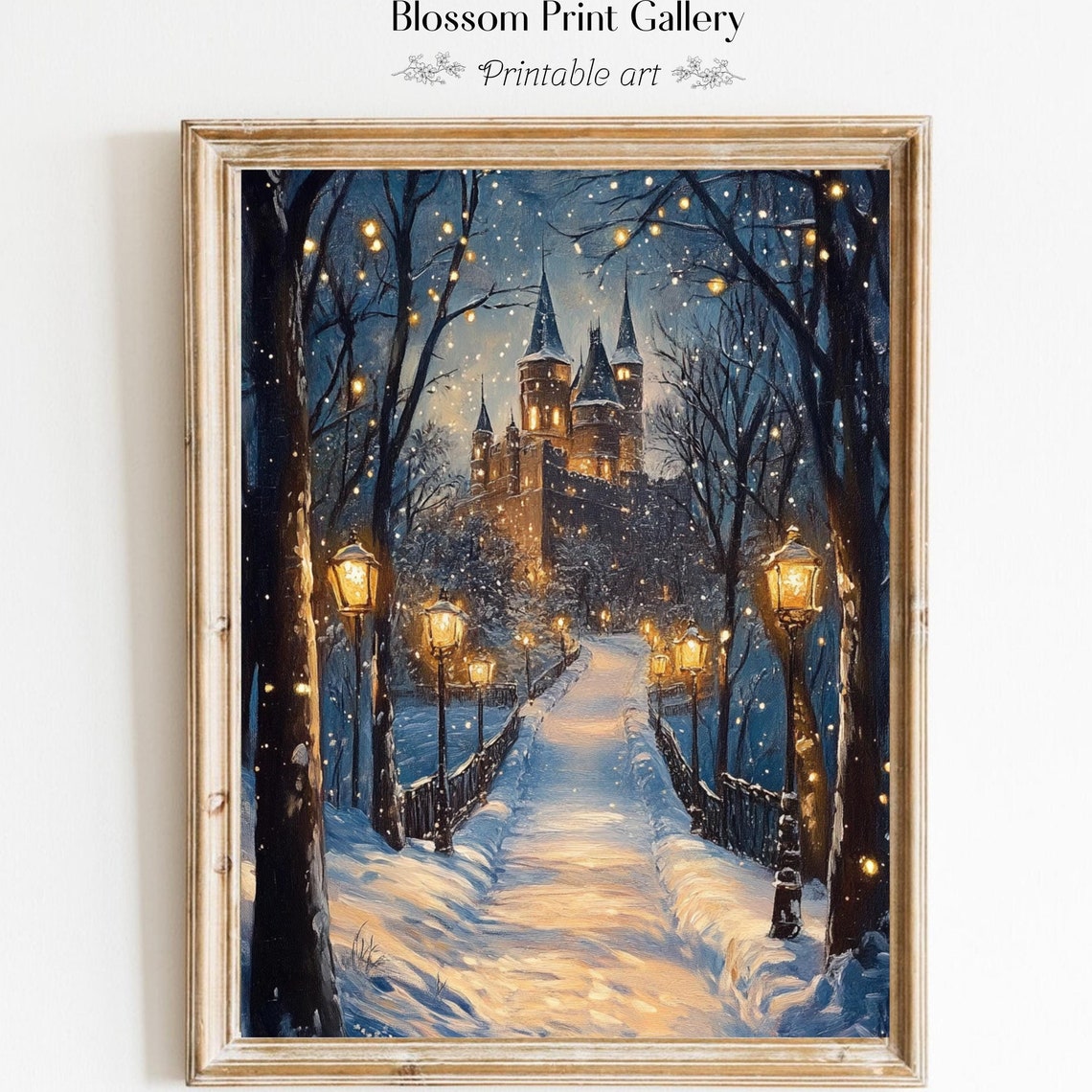 Snowy Lamplit Path To Illuminated Castle Winter Night Poster