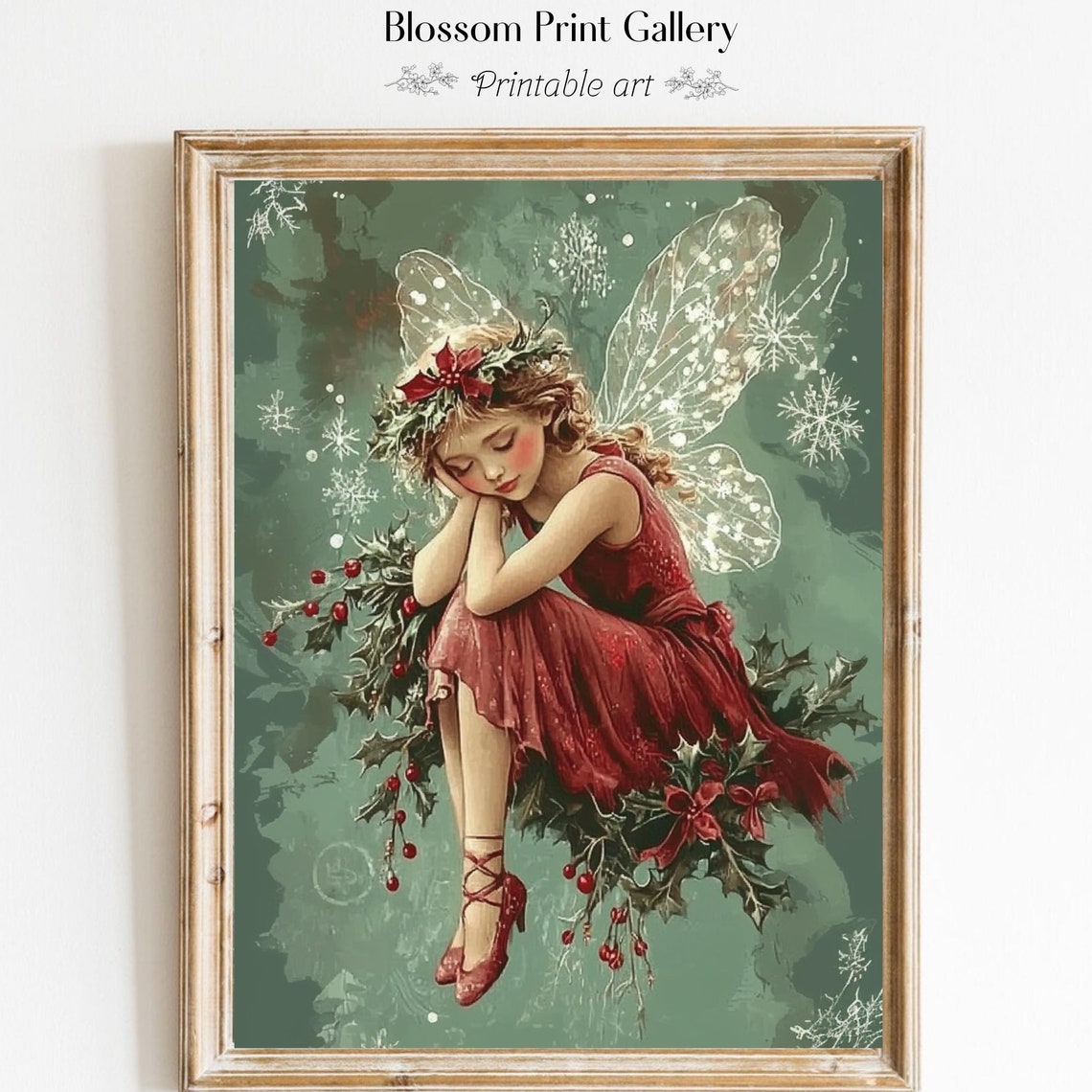 Christmas Fairy Print Holly Fairy Vintage Christmas Painting Seasonal Holiday Decor Winter Wall Art Cozy Christmas 784