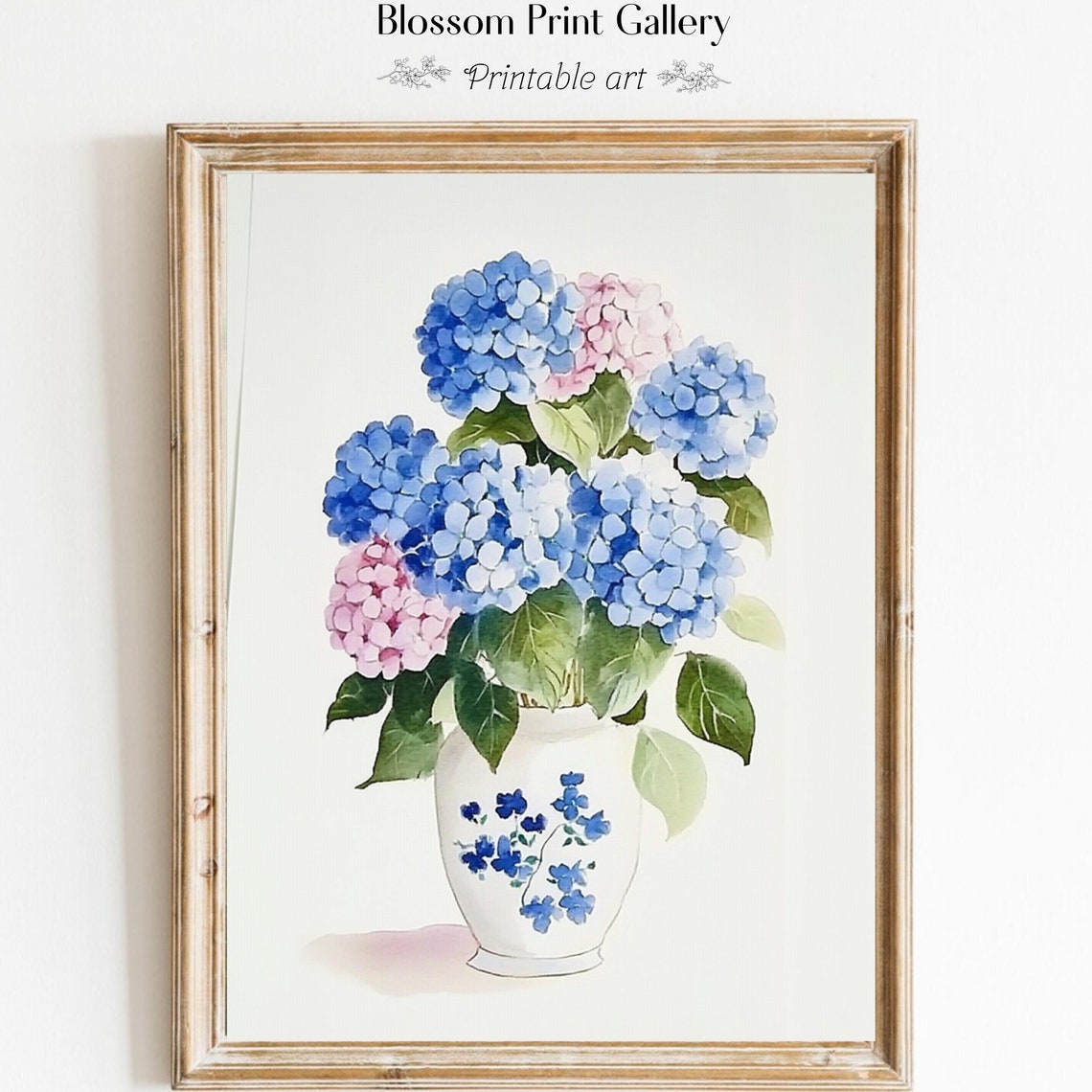 Blue And Pink Hydrangeas White Vase Watercolor Floral Poster