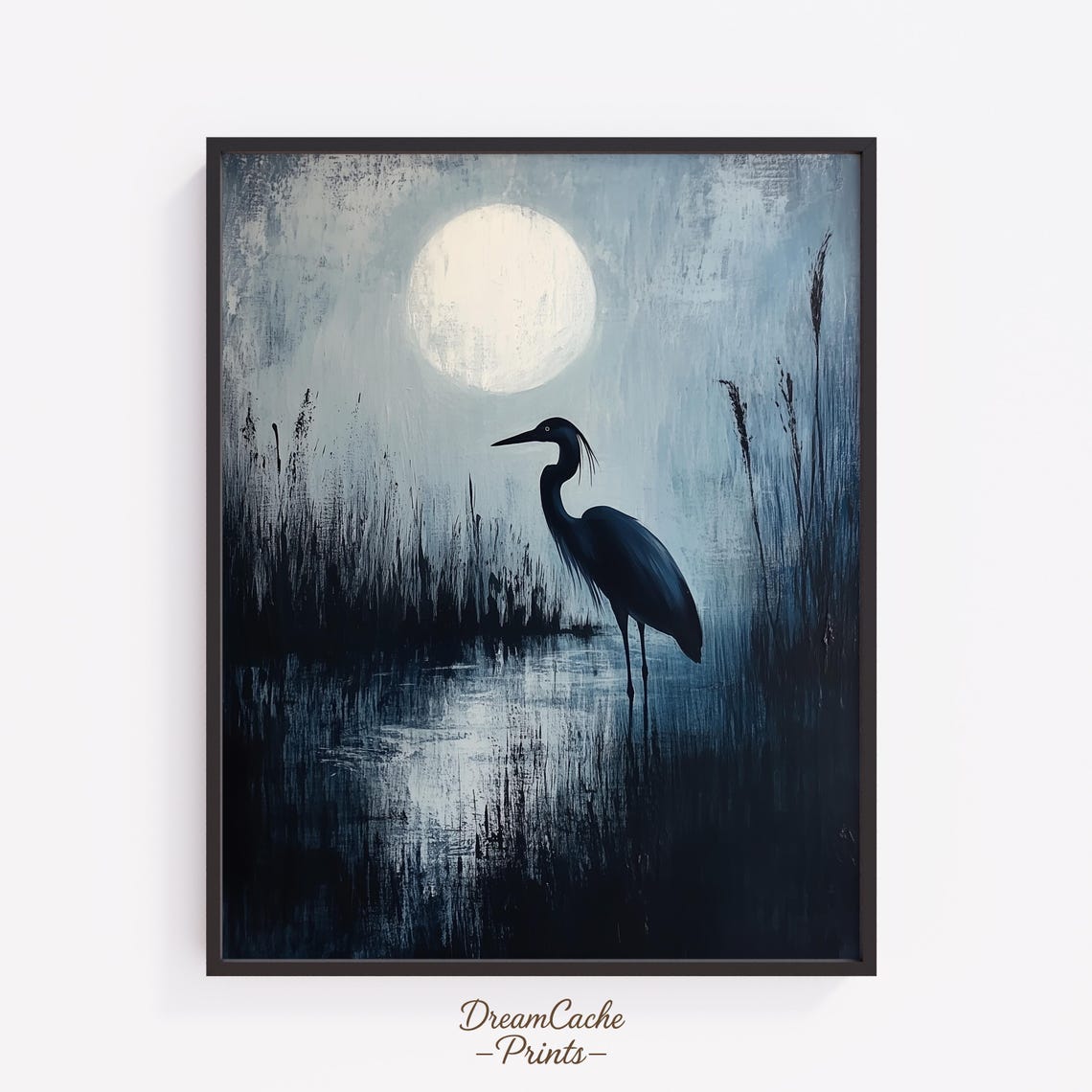 Blue Heron Silhouette Under Full Moon In Moody Nocturnal Marsh Poster