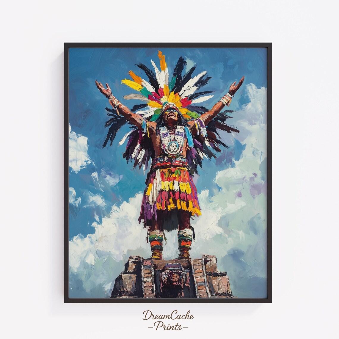 Aztec High Priest Feathered Headdress Vibrant Oil Painting Wall Poster