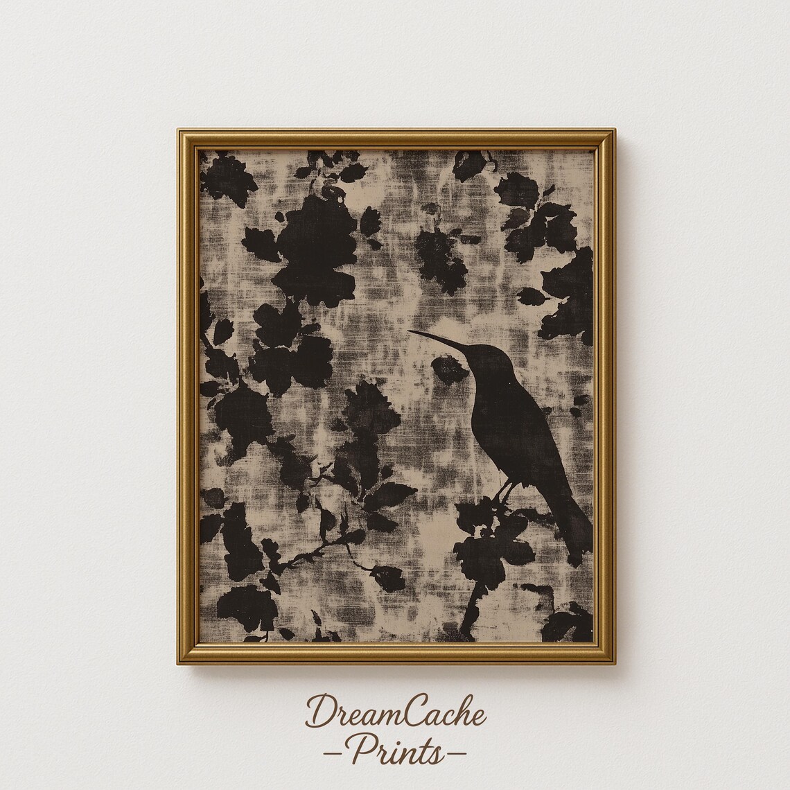 Monochrome Hummingbird Shadow Floral Vintage Aged Paper Wall Art