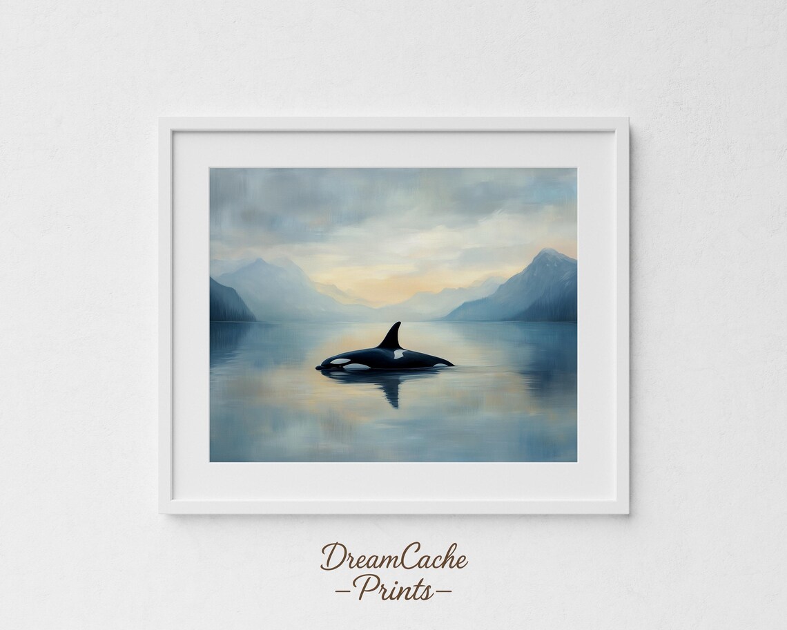 Lone Orca Whale In Calm Blue Water Beneath Misty Mountains Poster