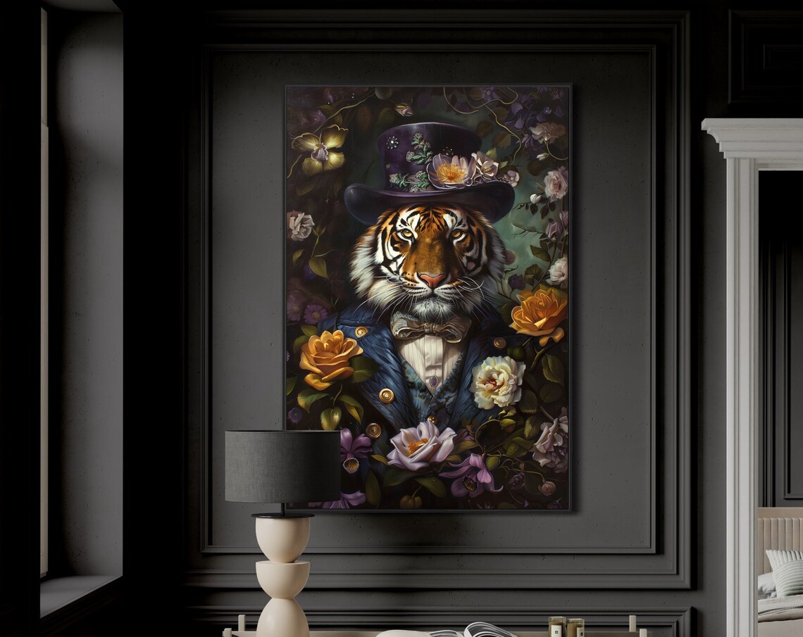 Victorian Tiger Portrait Top Hat Floral Dark Academia Animal Art Poster - Image 5